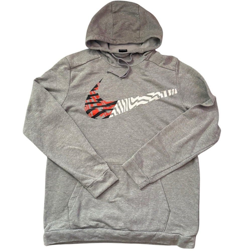 Nike Dri-Fit Gray Hoodie Large Zebra Swoosh‎ Pullover Sweatshirt